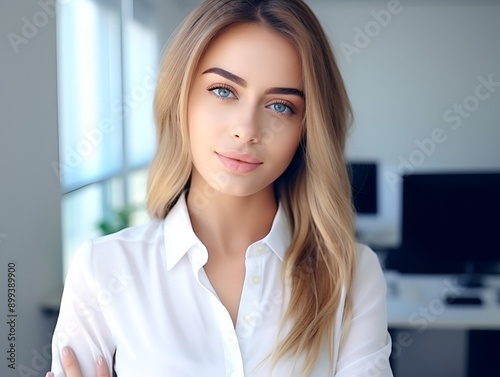 AI imagines how a pretty girl looks in a spacious bright office