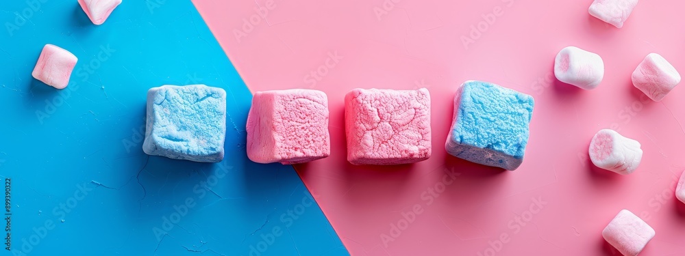 A collection of marshmallows rests atop a pink-blue table, surrounded by a blue-pink wall A collection of marshmallows rests atop a pink-blue table, surrounded by a blue-pink wall