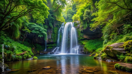 Secluded waterfall surrounded by greenery in a hidden forest, waterfall, secluded, lush, forest, nature, hidden, serene