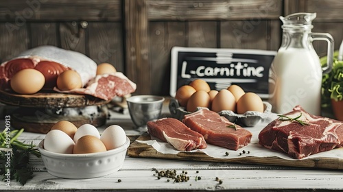 L-carnitine in food on the table. Selective focus.