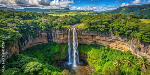 Top view of stunning Chamarel Waterfall in lush tropical island , Chamarel, Mauritius, Waterfall, Tropical, Island