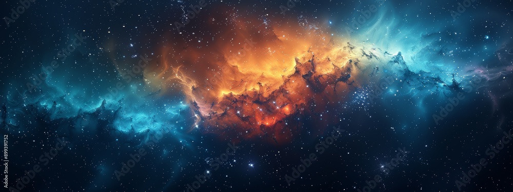 A space image featuring stars and a prominent orange-blue object in its center A space image featuring stars and a prominent orange-blue object in its center