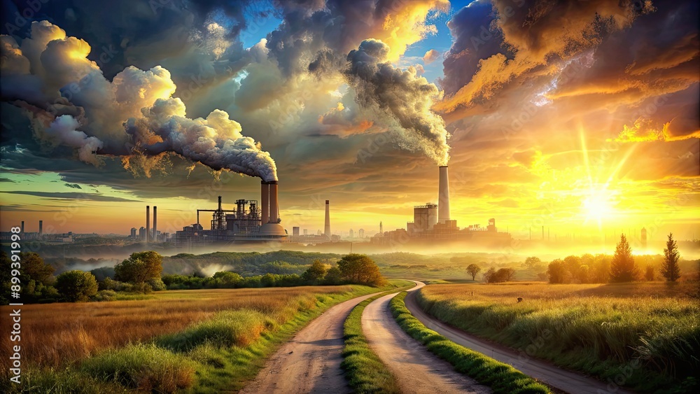 Dystopian landscape with a factory emitting smoke and a path leading towards a bright sunset in the distance, dystopian Dystopian landscape with a factory emitting smoke and a path leading towards a bright sunset in the distance, dystopian