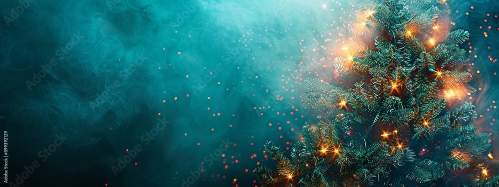 Fototapeta premium A Christmas tree, adorned with numerous lights, against a blue backdrop