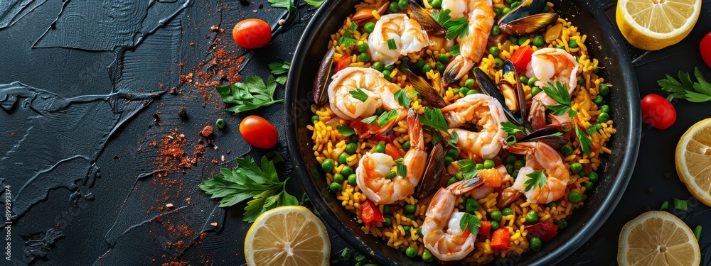 A skillet holding shrimp, corn, and tomatoes Nearby, sliced lemons Garnished with parsley A skillet holding shrimp, corn, and tomatoes Nearby, sliced lemons Garnished with parsley