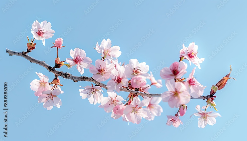 A branch of a cherry blossom tree, with delicate pink flowers contrasting against a clear blue sky, creating a serene and tranquil scene.