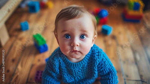 A baby boy with bright eyes, wearing a blue sweater, sitting on a wooden floor with colorful blocks around.
