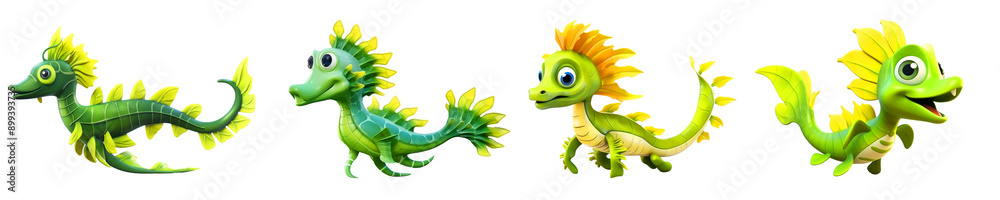 Obraz premium Cute and Colorful Cartoon Sea Dragons with Green and Yellow Scales in Various Poses , on transparent background 