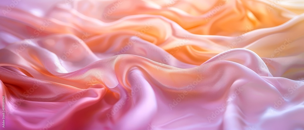 Obraz premium A tight shot of a pink-and-yellow silk fabric, displaying a gentle, undulating design