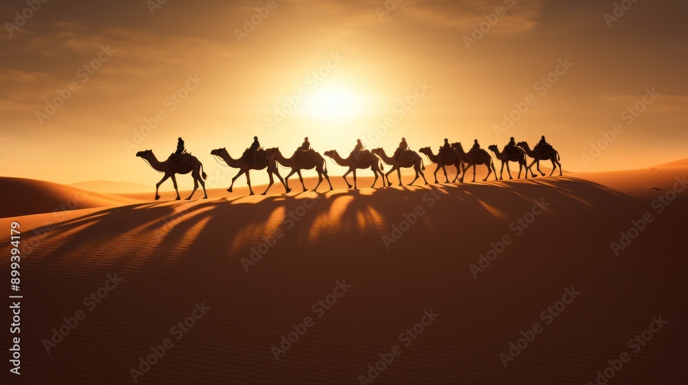 Photograph of a camel caravan silhouetted against the ominous orange glow of a sandstorm Photograph of a camel caravan silhouetted against the ominous orange glow of a sandstorm