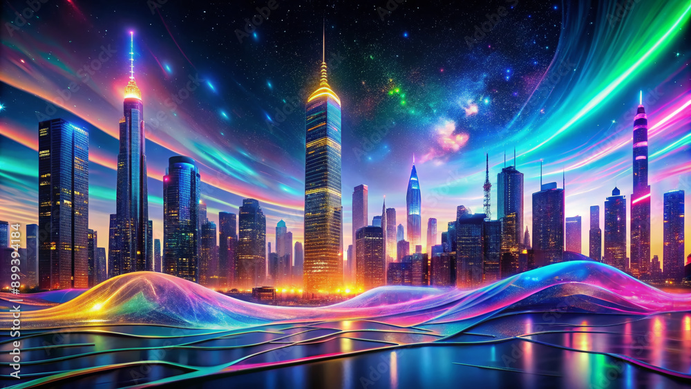 Iridescent holographic waves undulate through a futuristic cityscape, refracting light into kaleidoscopic colors as sleek skyscrapers and neon lights pierce the dark, starry night sky. Iridescent holographic waves undulate through a futuristic cityscape, refracting light into kaleidoscopic colors as sleek skyscrapers and neon lights pierce the dark, starry night sky.