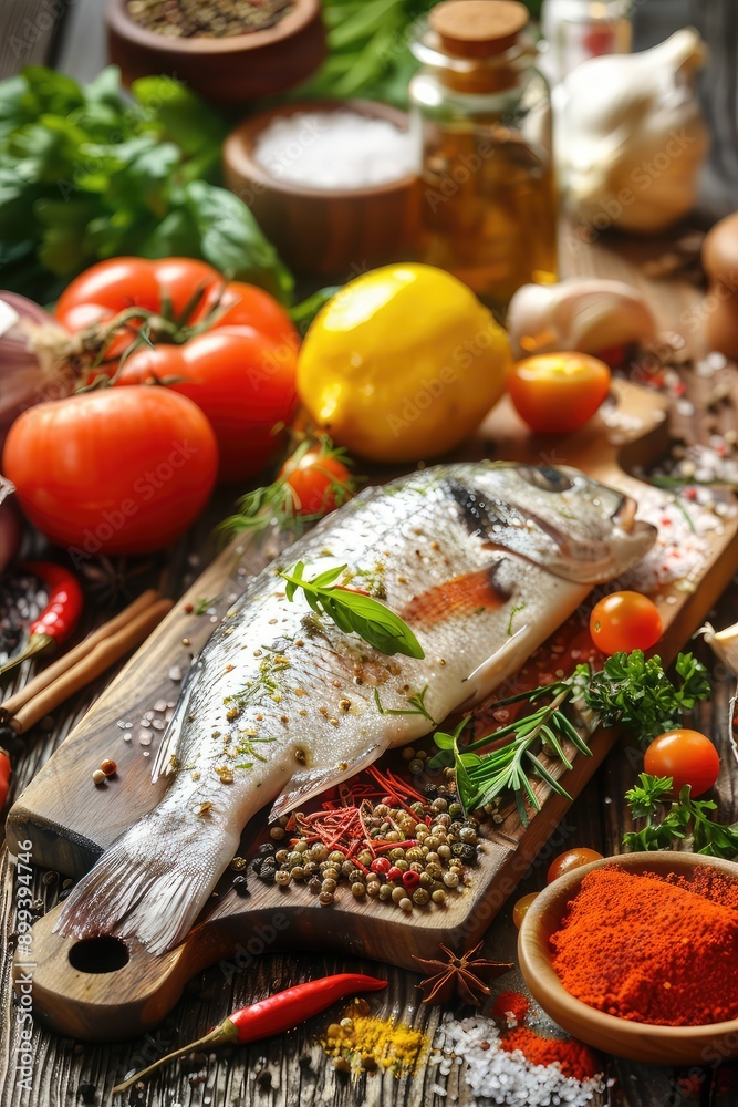 raw fish on a board. Selective focus.