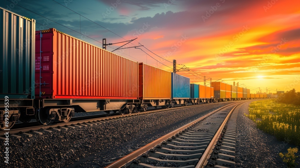 Cargo freight train with colorful containers on the railway, goods and products transportation. Cargo freight train with colorful containers on the railway, goods and products transportation.