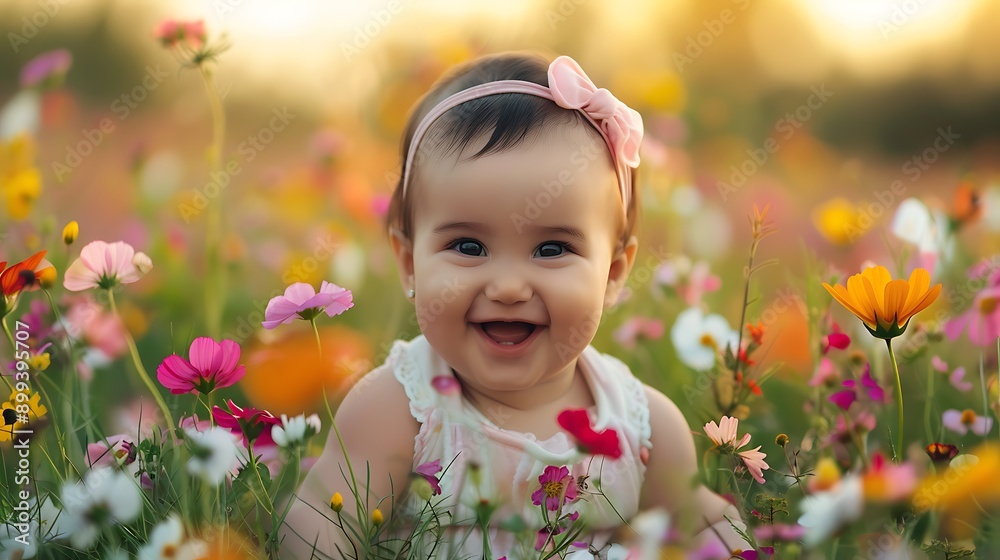 A baby girl with dark eyes, wearing a pink headband, sitting in a field of wildflowers, smiling brightly.