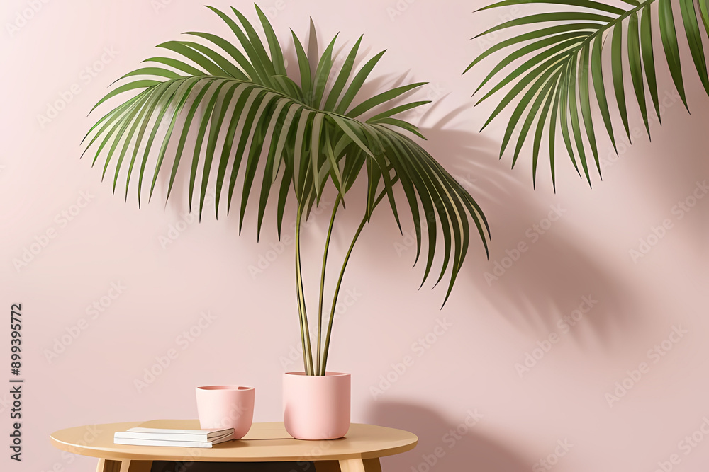 Blurred shadow from palm leaves on the light pink wall. Minimal abstract background for product presentation. Spring and summer. Blurred shadow from palm leaves on the light pink wall. Minimal abstract background for product presentation. Spring and summer.