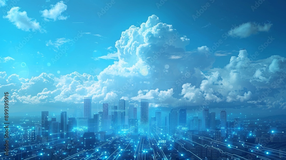 Fototapeta premium Futuristic Smart Cyber City illustration: Innovative Urban Landscape, futuristic technology concept, Graphic Resources, Wallpapers, Brochure, Websites, banner design, Advertising, web, background