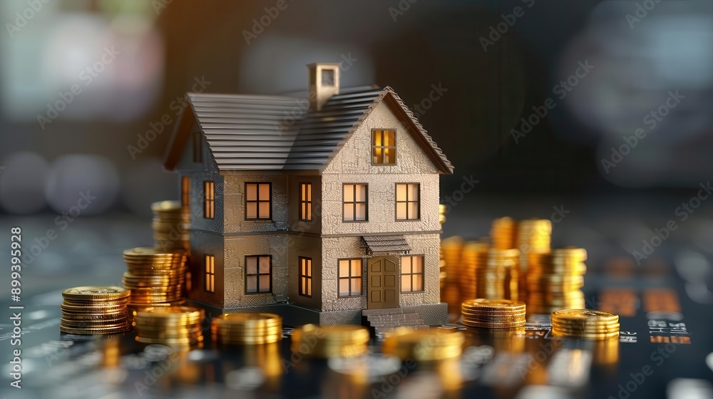 A miniature house model surrounded by stacks of coins, symbolizing property investment and financial growth in the housing market. A miniature house model surrounded by stacks of coins, symbolizing property investment and financial growth in the housing market.