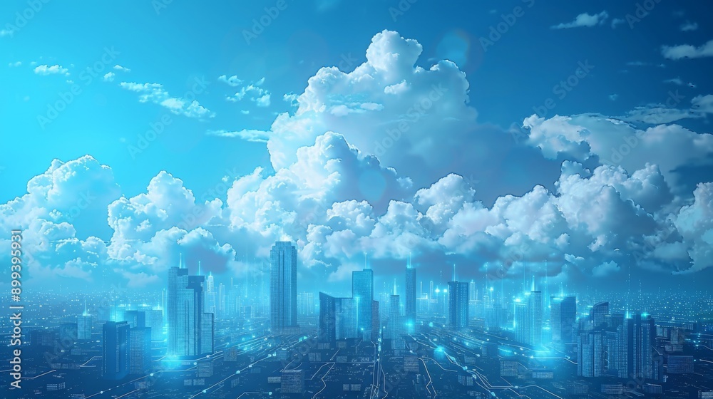 Fototapeta premium Futuristic Smart Cyber City illustration: Innovative Urban Landscape, futuristic technology concept, Graphic Resources, Wallpapers, Brochure, Websites, banner design, Advertising, web, background