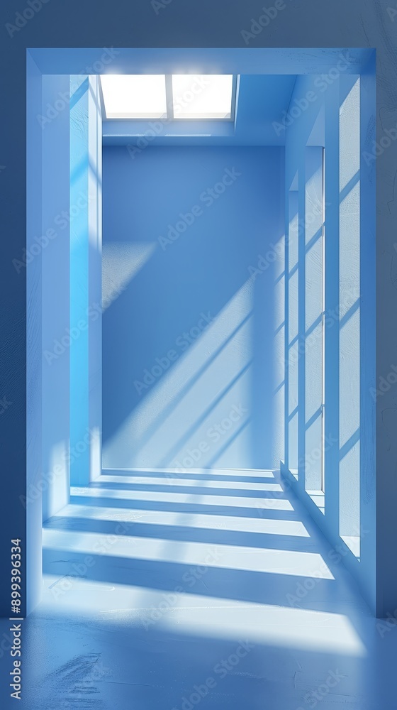 Fototapeta premium A bare room boasts bright blue walls, with sunlight streaming in from a window situated at its furthest end