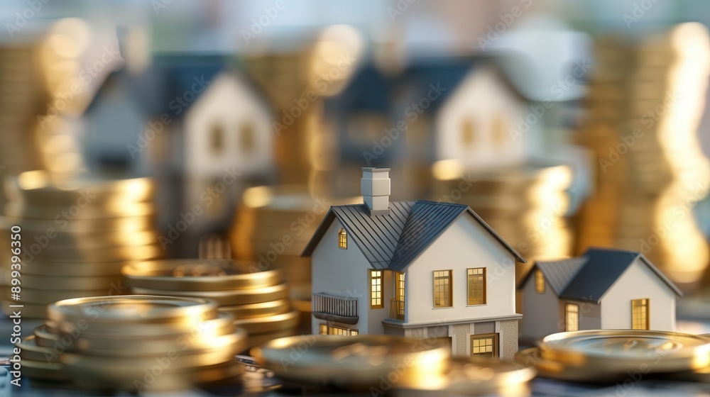 Miniature houses surrounded by stacks of coins symbolize real estate investment and financial growth in a vibrant market. Miniature houses surrounded by stacks of coins symbolize real estate investment and financial growth in a vibrant market.