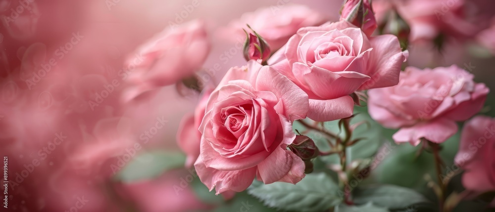 Pink roses with green leaves against a pink backdrop, overlapping blurred pink rose images Pink roses with green leaves against a pink backdrop, overlapping blurred pink rose images