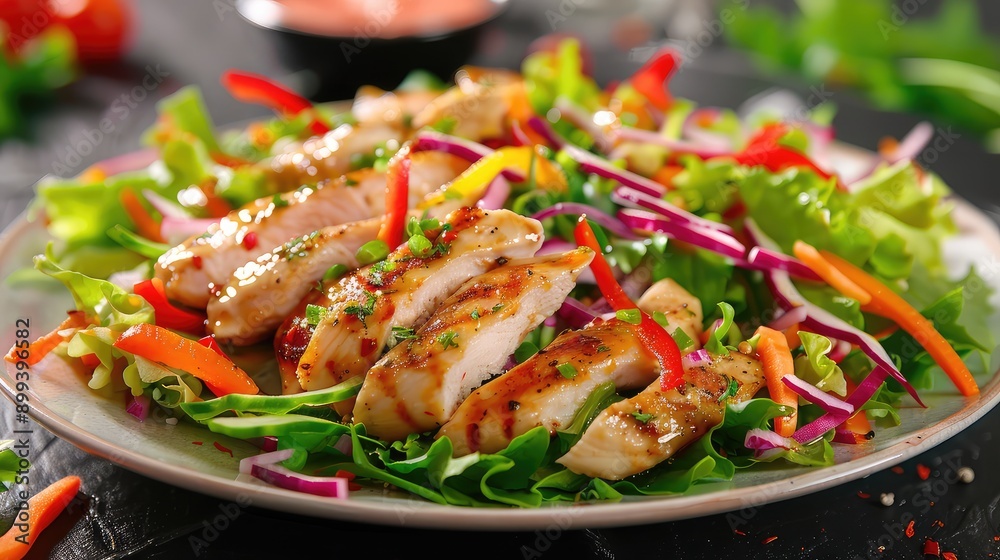 salad with baked chicken on a plate. Selective focus. salad with baked chicken on a plate. Selective focus.