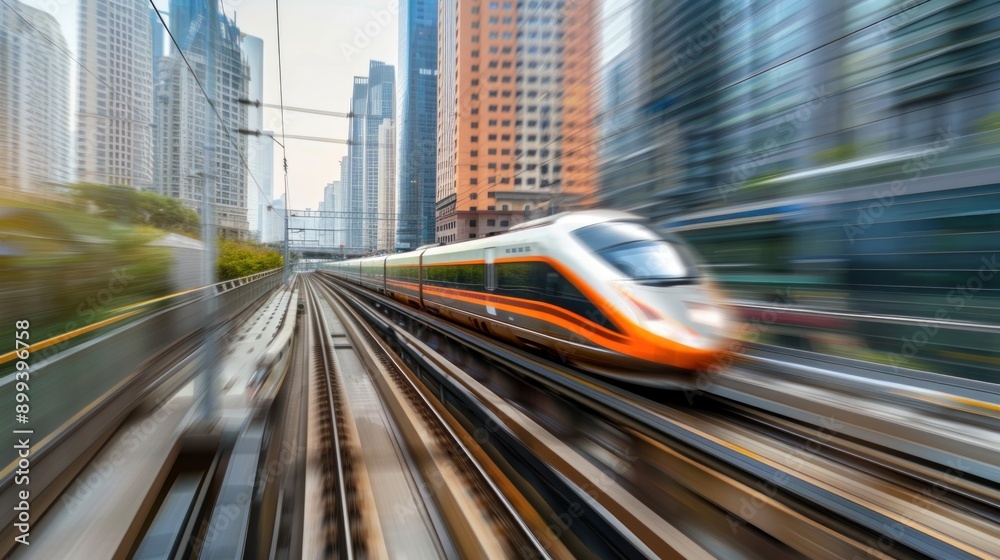 Fast train moving or traveling on a railway through the urban city with motion blur effect, tall buildings in the background. Fast train moving or traveling on a railway through the urban city with motion blur effect, tall buildings in the background.
