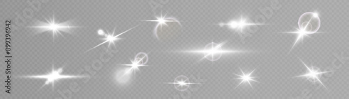 White glowing light explodes on a transparent background. Bright Star. Transparent shining sun, bright flash. Vector graphics.