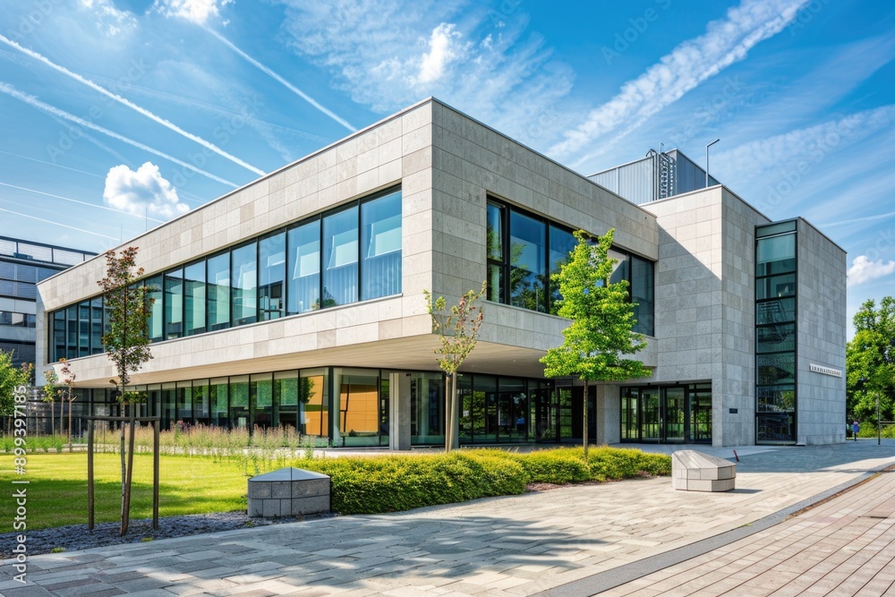 Modern University Campus Exterior with Innovative Architectural Design for Educational Promotion and Print Media Modern University Campus Exterior with Innovative Architectural Design for Educational Promotion and Print Media