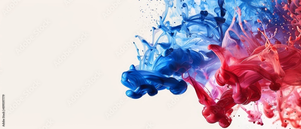  A red, blue, and pink liquids splash against a white backdrop, leaving an empty white center