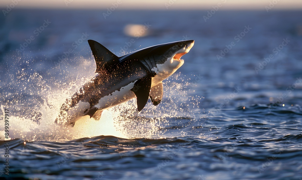 Fototapeta premium Great White Shark leaping out of the water , Generative AI