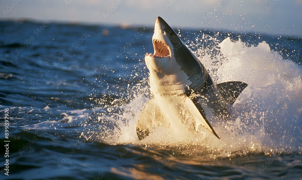 Fototapeta premium Great White Shark leaping out of the water , Generative AI