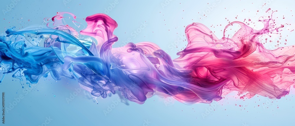 Fototapeta premium A blue liquid swirls with pink and red hues in the air against a light blue backdrop; behind it lies a tranquil light blue sky
