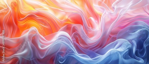  A tight shot of an abstract artwork; lower portion swirling with blue, orange, and pink hues