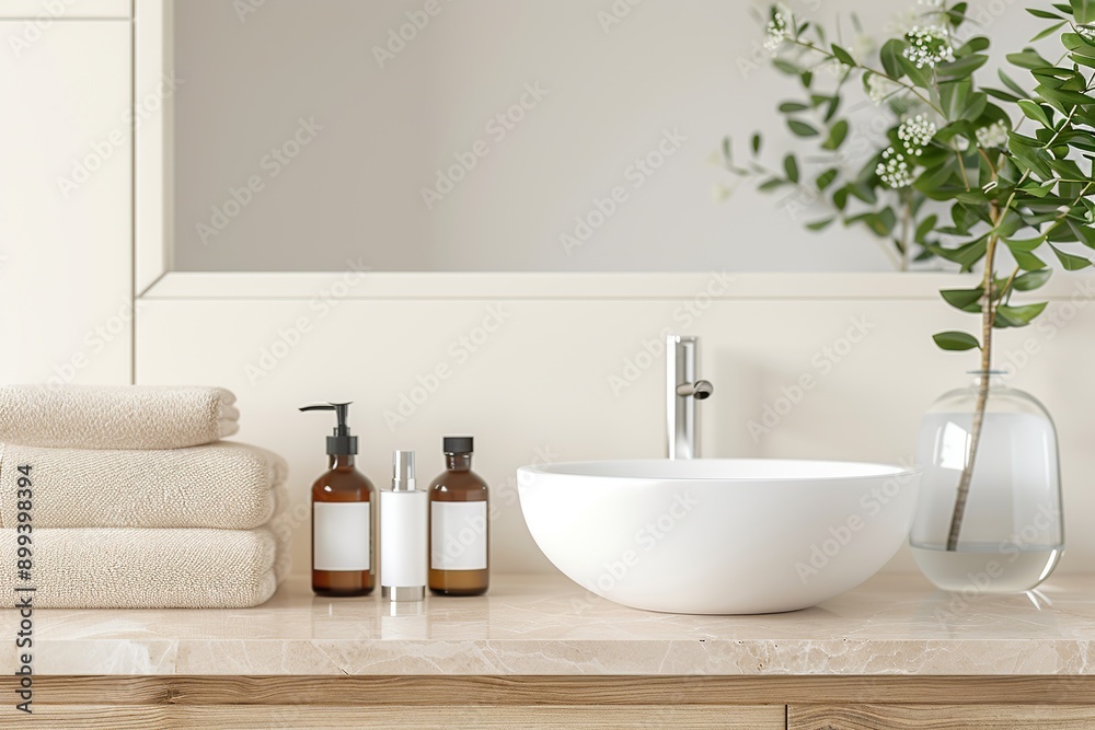skincare products, including a moisturizer, a serum and a face mask, arranged on a modern bathroom counter. Realistic photo skincare products, including a moisturizer, a serum and a face mask, arranged on a modern bathroom counter. Realistic photo