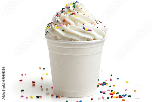 Delicious vanilla soft serve ice cream in a white cup, topped with colorful rainbow sprinkles, isolated on a white background.