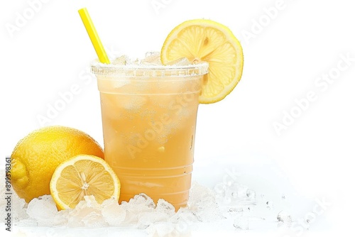 Refreshing lemonade in a plastic cup with lemon slices and ice on white background.