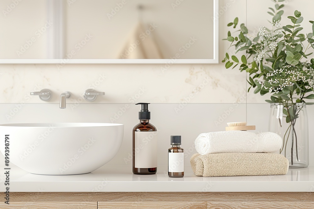 skincare products, including a moisturizer, a serum and a face mask, arranged on a modern bathroom counter. Realistic photo skincare products, including a moisturizer, a serum and a face mask, arranged on a modern bathroom counter. Realistic photo