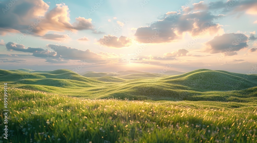 Obraz premium Realistic 3D landscape with gentle, rolling hills and pastel colors, creating a calm and comfortable setting