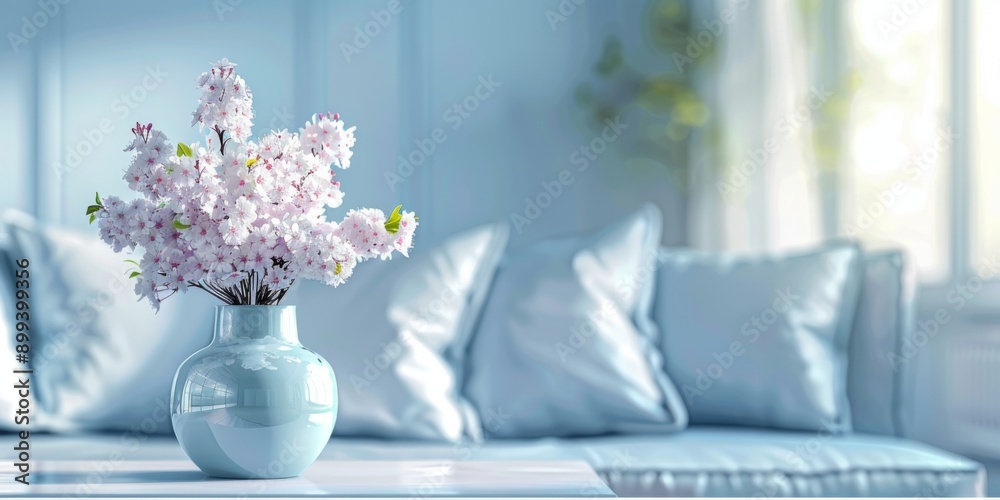 Fototapeta premium Cozy living room with lilac color theme, focus on clear flower pot with blur of sofa and room