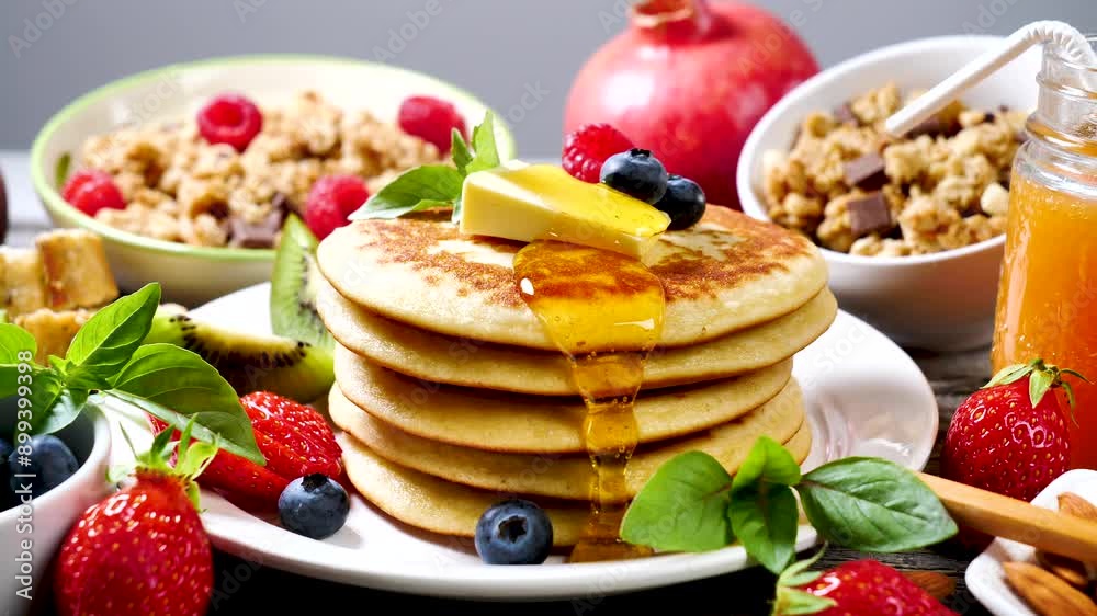 stack of pancakes with syrup melting, fresh fruits and granola- healthy breakfast stack of pancakes with syrup melting, fresh fruits and granola- healthy breakfast