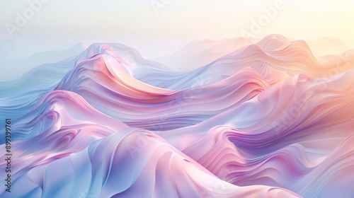 Minimalist 3D landscape with smooth, flowing textures and soft pastel colors, evoking a peaceful and serene mood