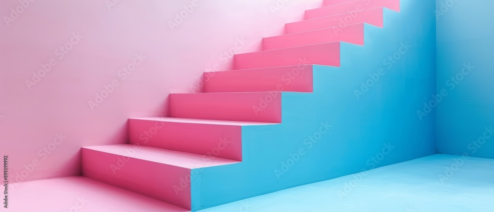 In this room, pink and blue stairs align with a pink floor and are contrasted by a blue wall In this room, pink and blue stairs align with a pink floor and are contrasted by a blue wall