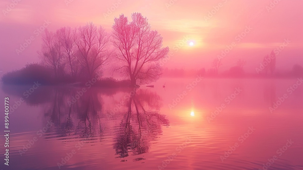 Obraz premium Tranquil landscape of dawn sunrise or dusk sunset over the misty foggy lake, trees water reflection, pink and orange sky.
