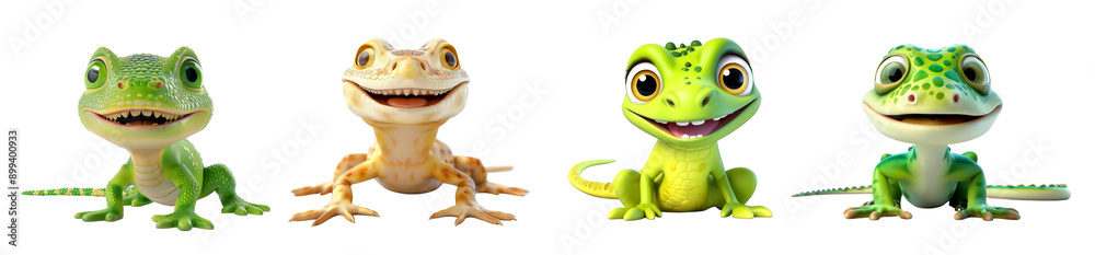 Fototapeta premium Adorable Cartoon Geckos with Expressive Faces and Vibrant Colors in Various Poses , on transparent background 
