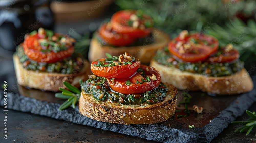 Bruschetta with Pesto and Sun-dried Tomatoes Bruschetta with Pesto and Sun-dried Tomatoes