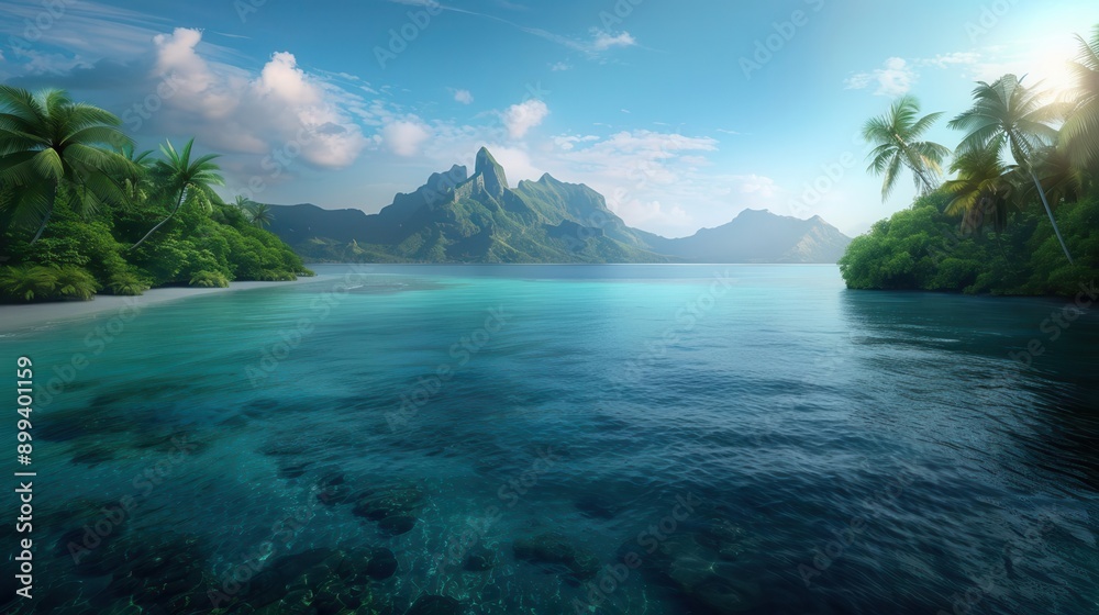 Obraz premium Tropical Island with Clear Blue Water and Lush Greenery.