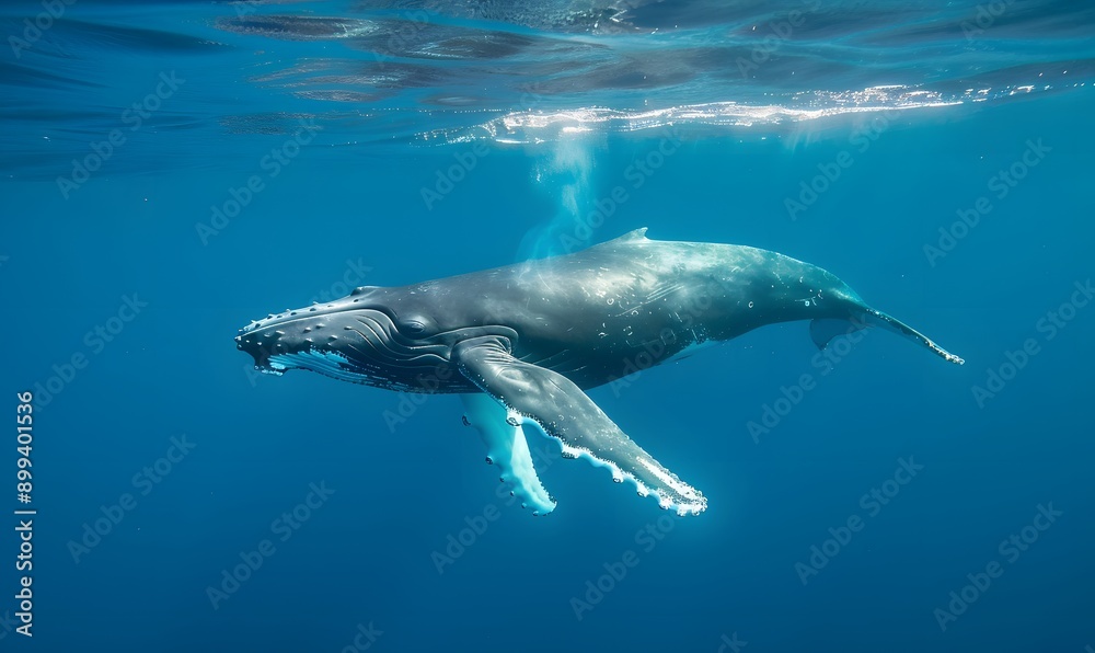 Fototapeta premium Humpback whale gracefully swims underwater, Generative AI