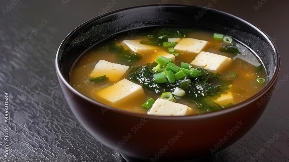 A bowl of miso soup with tofu, seaweed, and green onions A bowl of miso soup with tofu, seaweed, and green onions