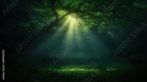 Sunbeams Through Forest Canopy.